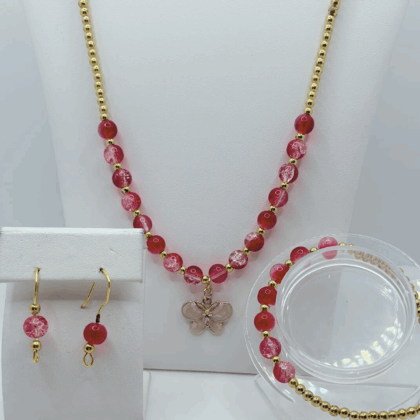 Red Jewelry Set with Butterfly Charm-6mm Beads - Image 2
