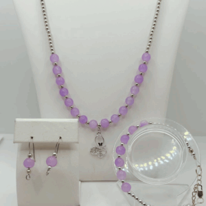 Purple Amethyst Crystal Jewelry Set with Silver Butterfly-6mm Beads