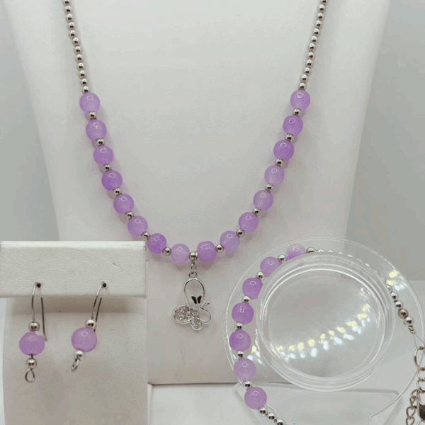 Purple Amethyst Crystal Jewelry Set with Silver Butterfly-6mm Beads - Image 2