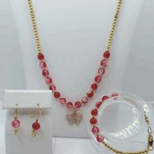 Red Jewelry Set with Butterfly Charm-6mm Beads