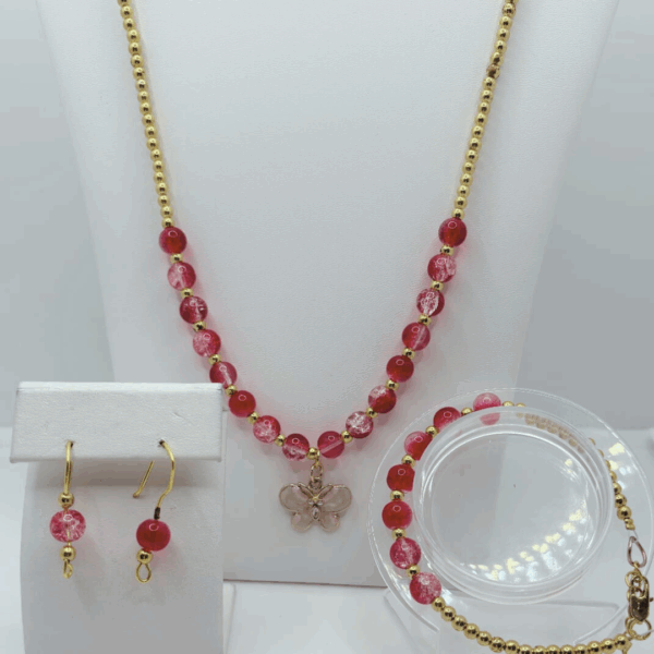 Red Jewelry Set with Butterfly Charm-6mm Beads