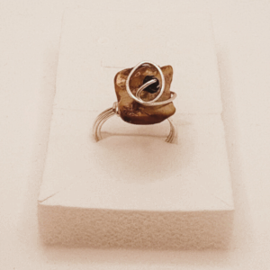 Brown & Gold Fire Glass Ring with Crystal Accent-Unique Handmade Piece