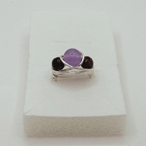 Amethyst Crystal Ring -1 large 6mm beads + 2 small 4mm Amethyst beads-  Size 5 Ring - Image 2