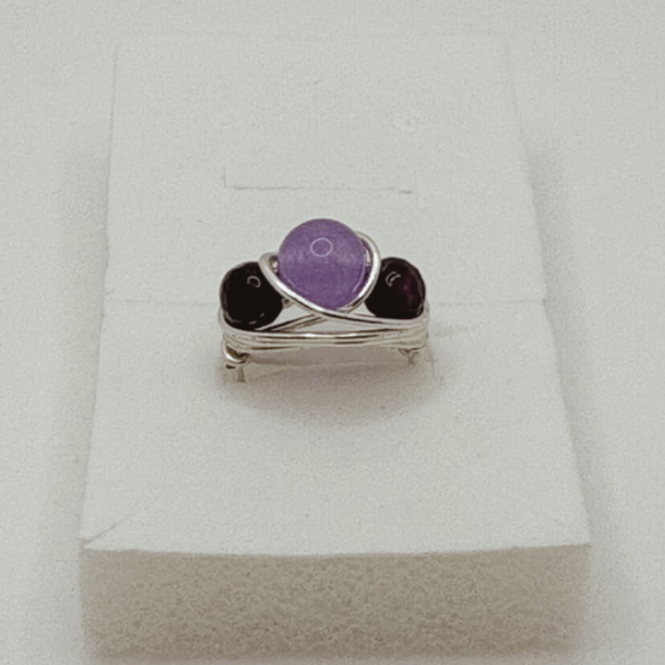 Amethyst Crystal Ring -1 large 6mm beads + 2 small 4mm Amethyst beads-  Size 5 Ring